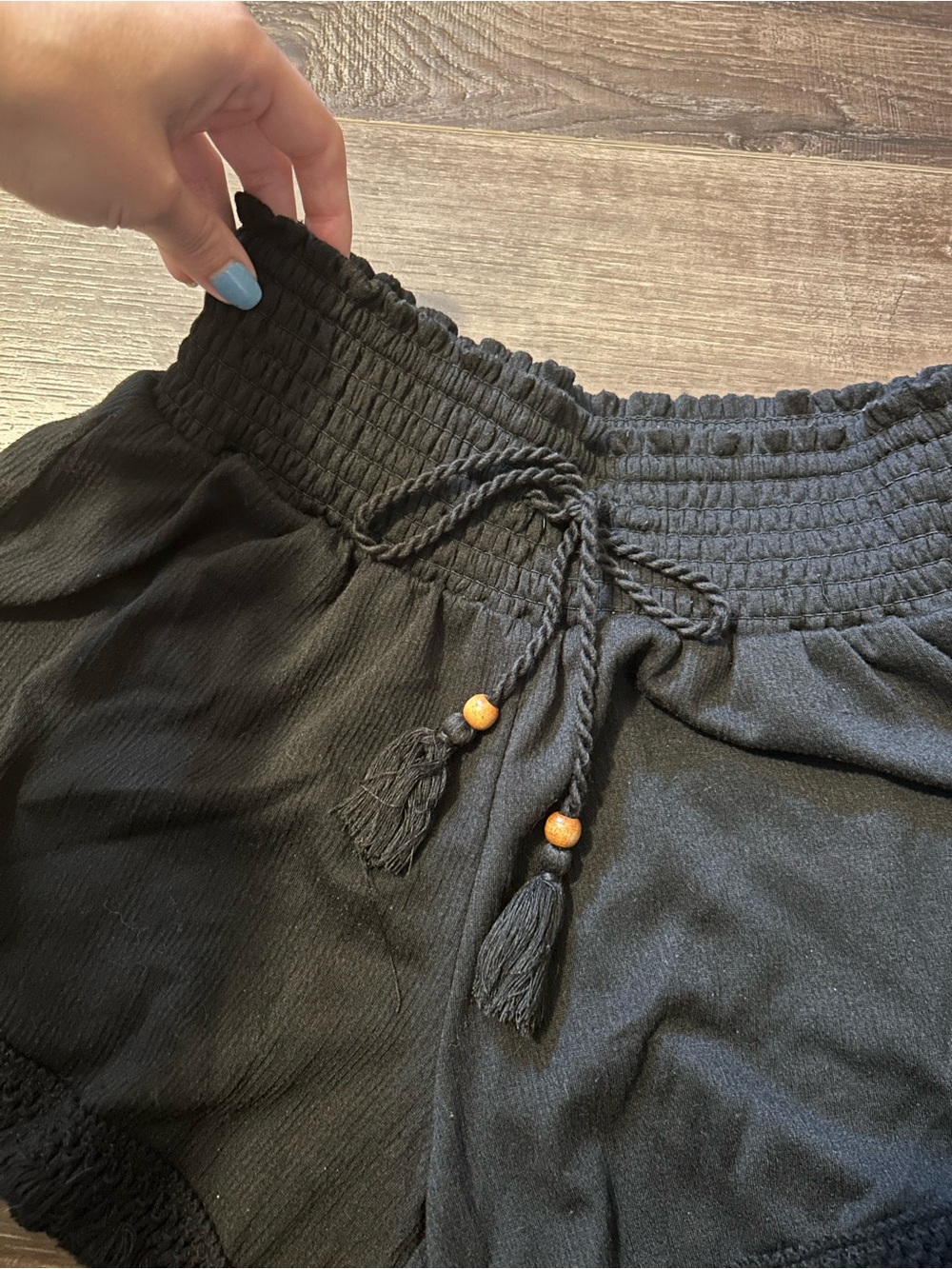 No Boundaries Black Smocked High-Waist Shorts with Tassel Ties